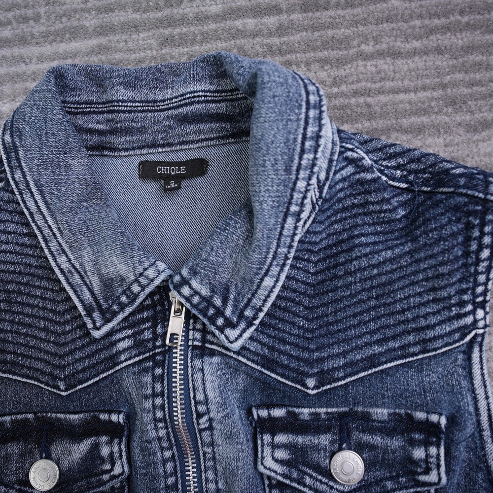 Chiqle Denim Architect Womens Moto Vest Blue Acid‎ Wash Cropped Zip Up Small